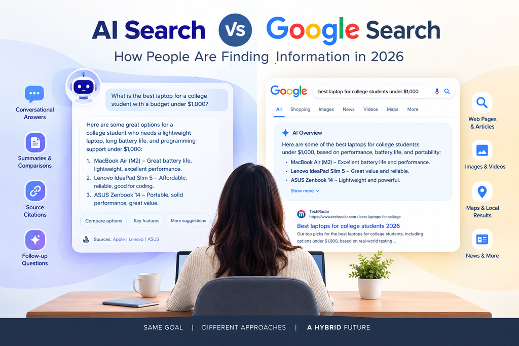 AI Search vs Google Search comparison graphic showing a person using a laptop between an AI conversational search interface and a Google Search results page, illustrating how people find information in 2026.
