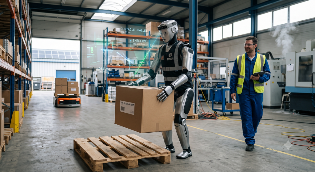 A sophisticated humanoid robot carrying a cardboard box in an industrial warehouse. A digital overlay projects from the robot's vision, highlighting obstacles and shelves to demonstrate its spatial awareness and computer vision capabilities. A human worker wearing a high-visibility vest and holding a tablet walks alongside the robot, smiling and demonstrating safe human-robot collaboration on the factory floor.