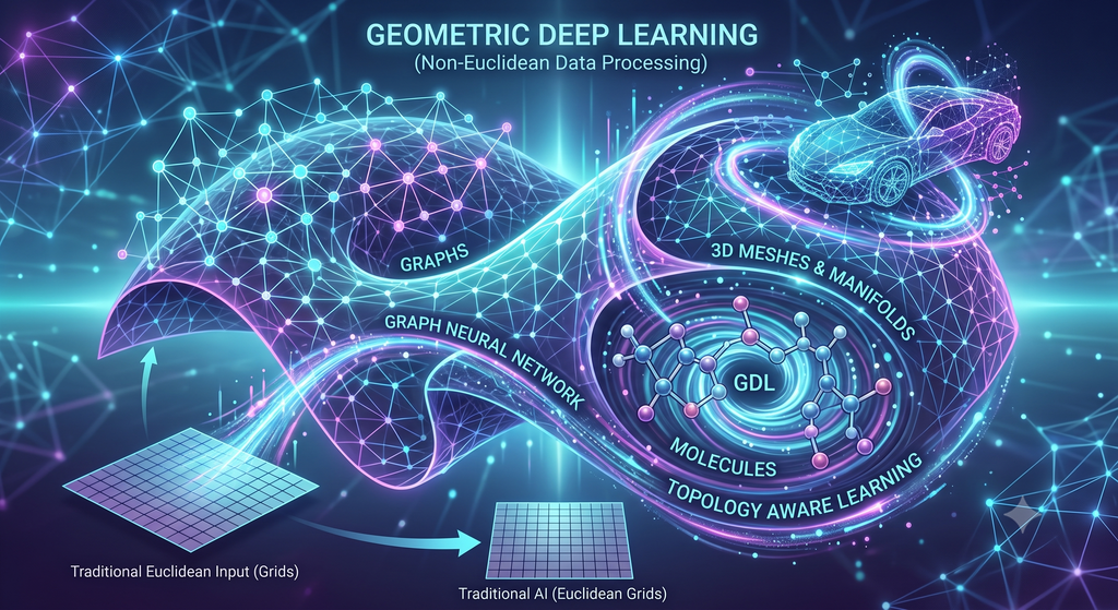 A high-tech conceptual illustration explaining Geometric Deep Learning. At the bottom, flat 2D grids labeled "Traditional Euclidean Input" transition upward into a complex, flowing, multi-dimensional glowing ribbon. The ribbon features interconnected nodes and lines representing "Graphs" and "Graph Neural Networks." Glowing orbital spheres highlight specific non-Euclidean data applications, featuring a 3D wireframe car labeled "3D Meshes & Manifolds" and a molecular structure labeled "Molecules" orbiting a central "GDL" node.