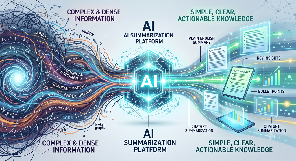 high-tech illustration showing chaotic data being processed by an AI engine into a structured, organized document, representing complex concept summarization.
