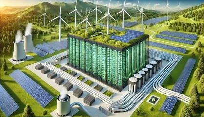 An elevated view of a detailed concept for a futuristic green energy and industrial complex in a sun-drenched mountain valley. The central, large cubic building has a green roof and a facade of vertical green glowing tubes (bioreactors). Pipelines connect it to storage tanks and cooling towers. The surrounding landscape is covered by expansive solar panel fields, with rows of wind turbines on the hills. A smaller building with a Bitcoin logo is visible.